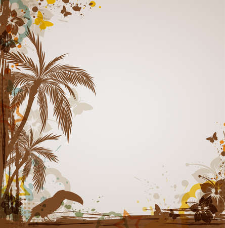 Vector grunge tropical background with flowers and toucanのイラスト素材