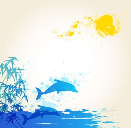Vector summer background with blue sea and dolphinsのイラスト素材