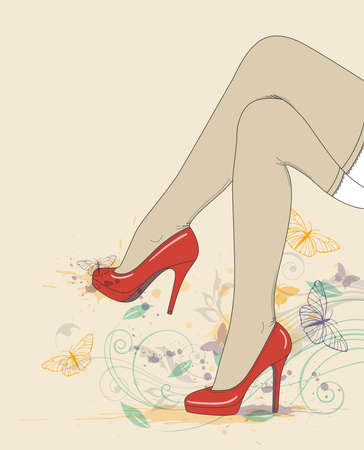 Vector background with female legs in red shoes and stockingsのイラスト素材