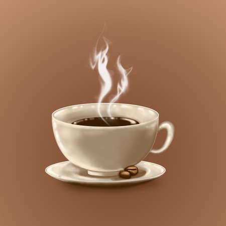 Cup of hot coffee and coffee beansの写真素材