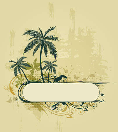 Vector grunge tropical background with palms and toucanのイラスト素材