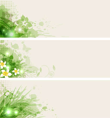 Set of banners with flowers and green leavesのイラスト素材