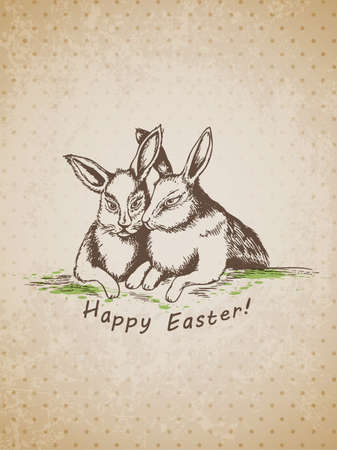 Vector hand drawn vintage Easter background with rabbitsのイラスト素材