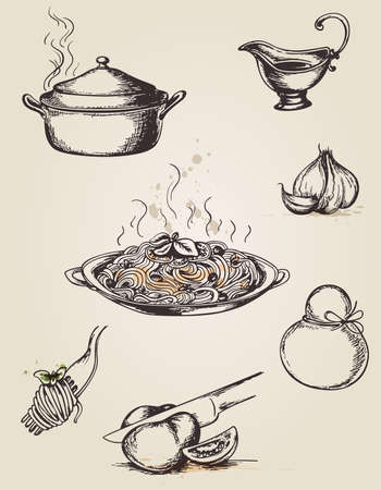 Set of vintage hand drawn pasta and tablewareのイラスト素材