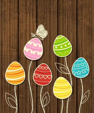 Vector wooden Easter background with decorative eggs and butterflyのイラスト素材