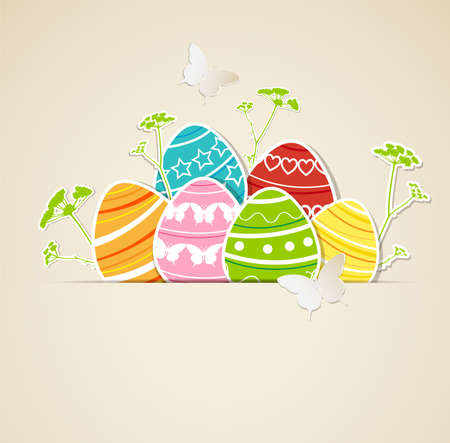 Vector paper background with  Easter eggs, flowers and butterfliesのイラスト素材