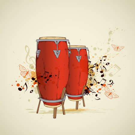Music grunge background with red drums and notesのイラスト素材