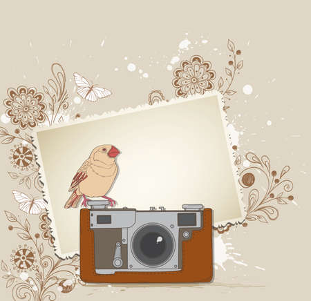 background with old camera and birdのイラスト素材