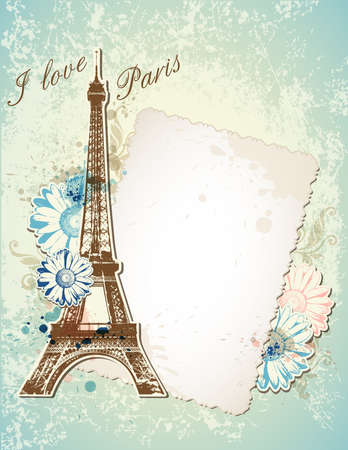 Vector blue background with old frame and  Eiffel towerのイラスト素材