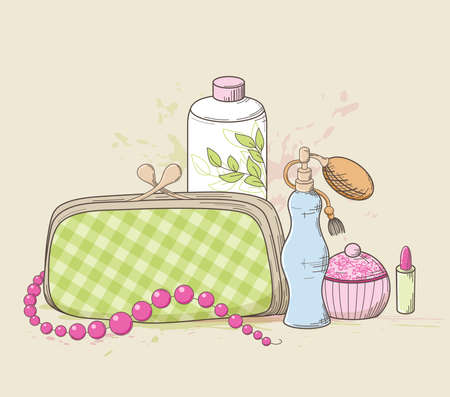 Vector background with green handbag and cosmeticsのイラスト素材