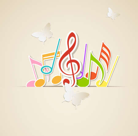Music background with paper notes and butterfliesのイラスト素材