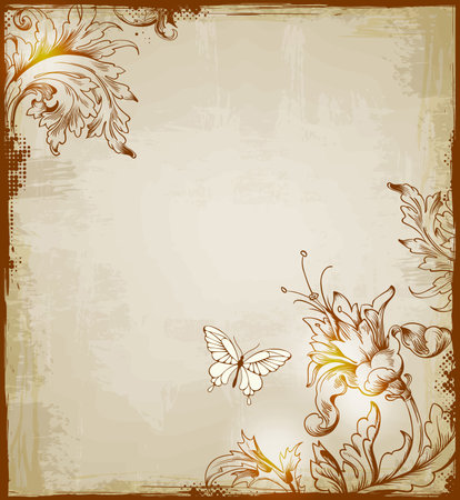 Vector vintage decorative  background with flowers and butterflyのイラスト素材