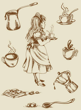 Set of vector vintage coffee and tea itemsのイラスト素材