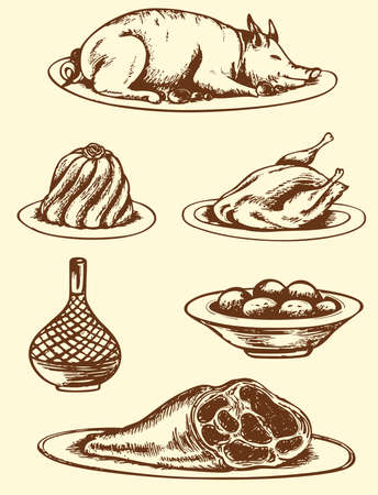 Set of vector vintage hand drawn foodのイラスト素材