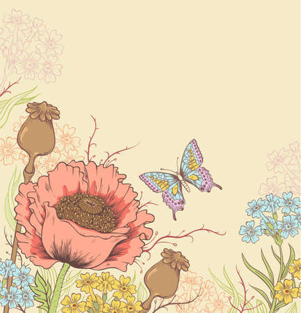  floral background with red poppy and butterflyのイラスト素材