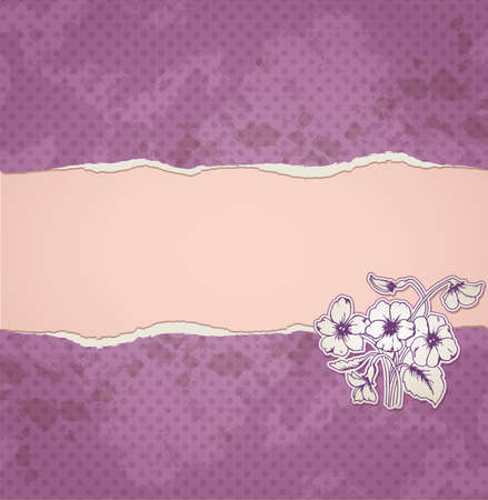 Vintage violet background with torn paper and flowersのイラスト素材