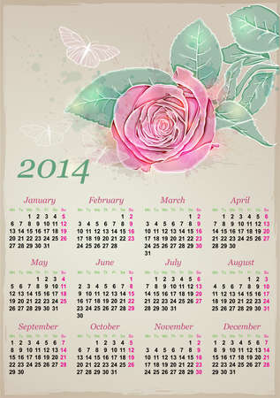 Calendar for 2014 with pink rose and butterflyのイラスト素材