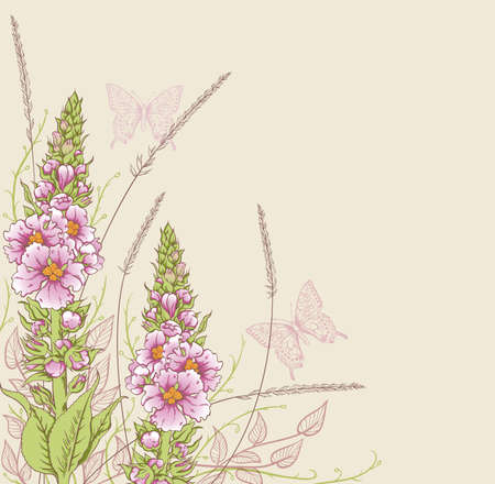 Summer floral background with pink flowers and butterfliesのイラスト素材
