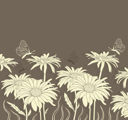 floral background with chamomile and butterfliesのイラスト素材