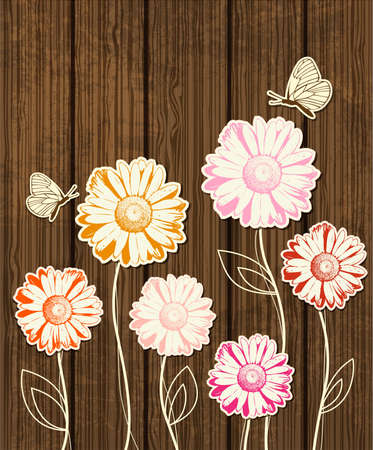 Chamomile flowers and butterflies on wooden backgroundのイラスト素材