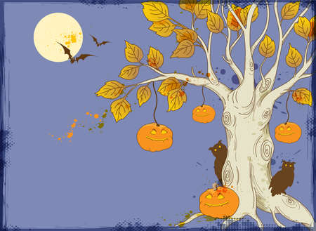 Halloween background with tree and pumpkinsのイラスト素材