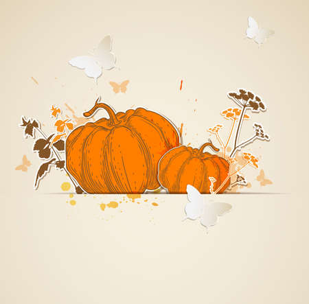 Autumn background with pumpkins and butterfliesのイラスト素材