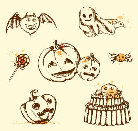 Set of vintage hand drawn Halloween elementsのイラスト素材