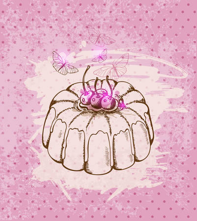 Vintage vector Cherry cake on pink backgroundのイラスト素材