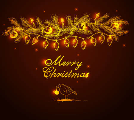 Christmas  vector background with shining garland and birdのイラスト素材