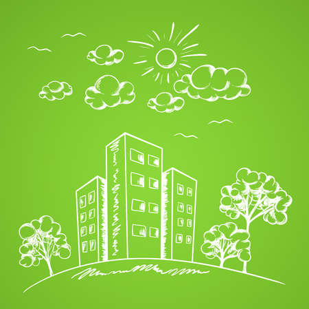 Green vector hand drawn background with house and treesのイラスト素材