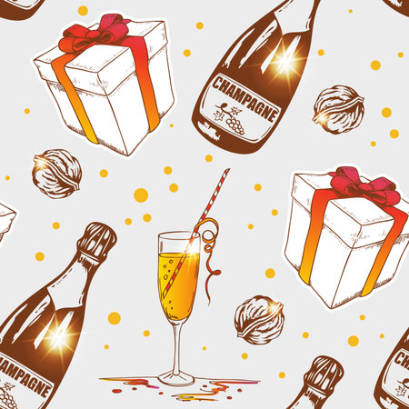 Vector seamless pattern with champagne and giftのイラスト素材