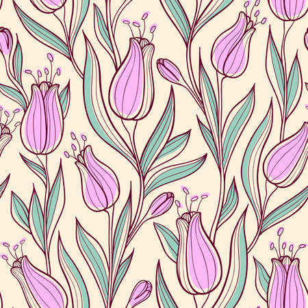 Vector floral seamless pattern with pink tulipsのイラスト素材