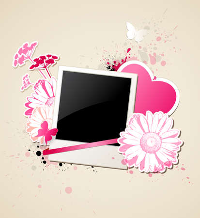 Vector background with photo and flowers for Valentine's dayのイラスト素材