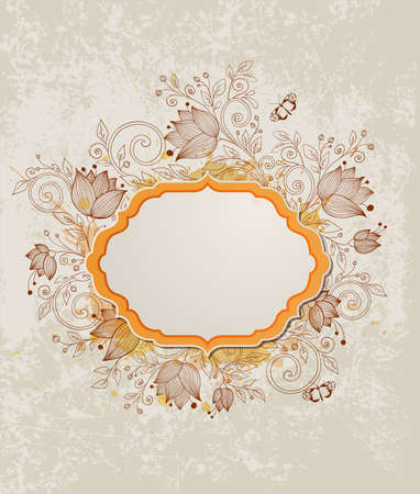 Vector vintage background with label and hand drawn flowersのイラスト素材