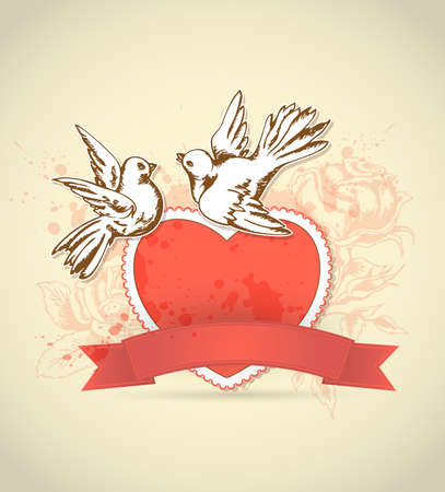 Vintage card for Valentine's Day with red heart and doveのイラスト素材