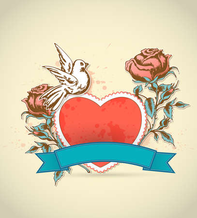 Vintage card for Valentine's Day with red heart, roses and doveのイラスト素材