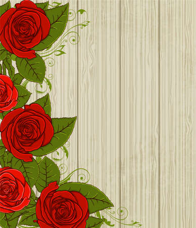 Vector decorative wooden background with red rosesのイラスト素材