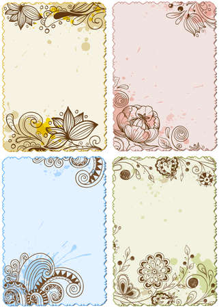 Set of bright vector hand drawn floral  cardsのイラスト素材