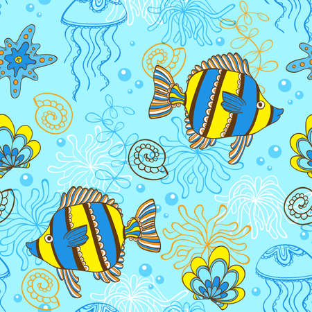 Vector marine seamless pattern with fishes and shellsのイラスト素材