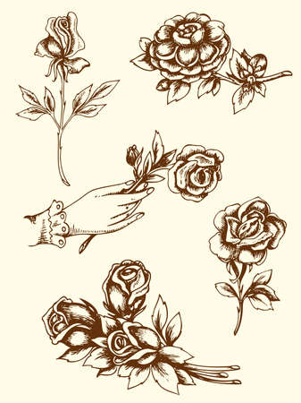 Set of vintage hand drawn flowersのイラスト素材
