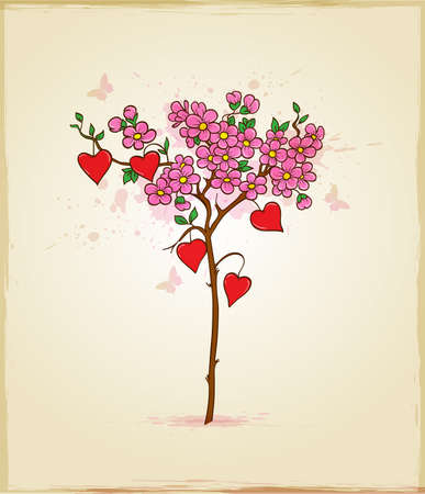 Valentine vector background with flowering treeのイラスト素材