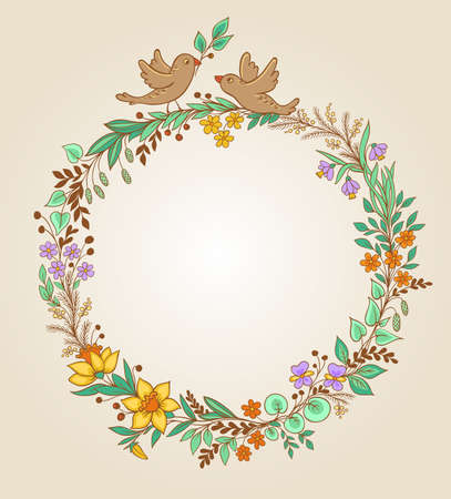 Decorative wreath of flowers, leaves and birdsのイラスト素材