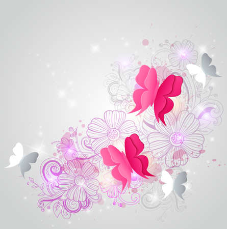 butterflies and hand drawn red flowersのイラスト素材