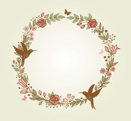 Decorative wreath of flowers, leaves and birdsのイラスト素材