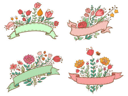 Decorative hand drawn banners with flowersのイラスト素材