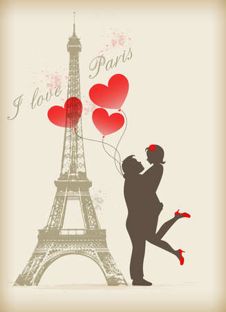 Loving couple in Paris near the Eiffel Towerのイラスト素材