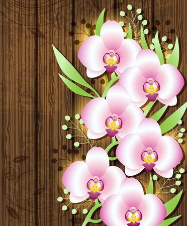 Decorative wooden background with pink  orchidsのイラスト素材