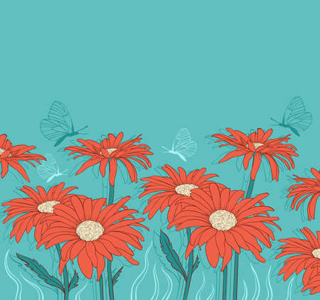 Green floral background with red gerbera and butterfliesのイラスト素材