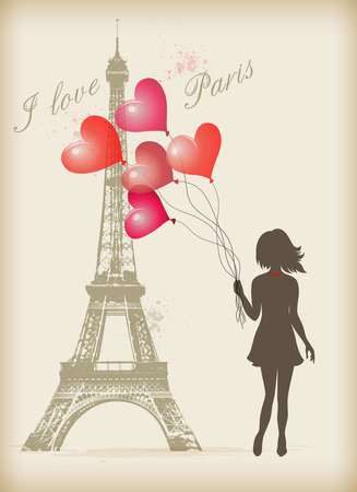 Girl with red balloons in Paris near the Eiffel Towerのイラスト素材