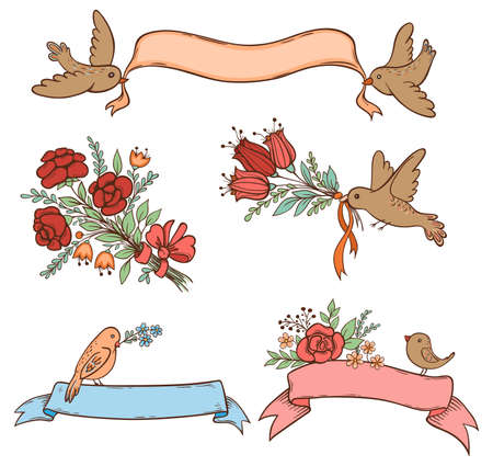 Decorative hand drawn banners with flowers and birdsのイラスト素材